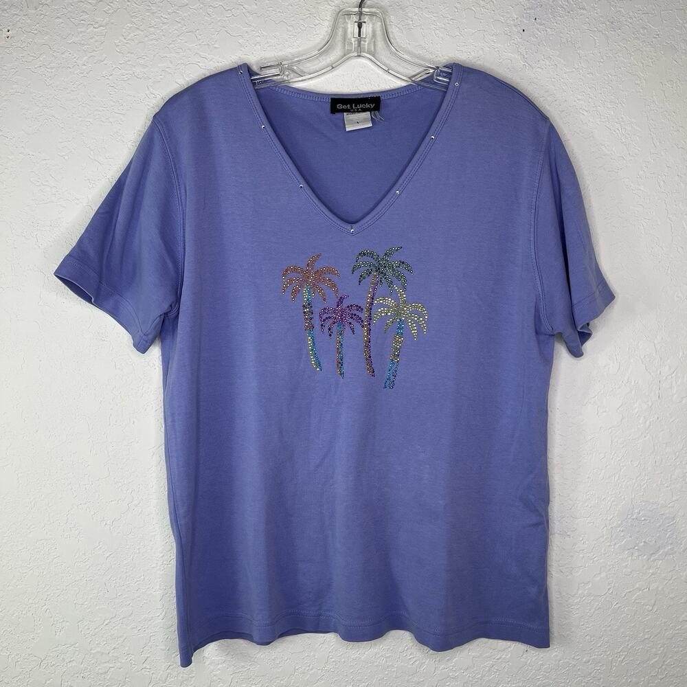Vintage Get Lucky Palm Tree Lavender V-neck tee Size L, combed cotton breathable